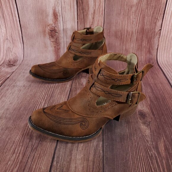 *READ* Roper Womens Size 6 Willa Embroidery Snip Toe Casual Ankle Boots Brown - Picture 1 of 16